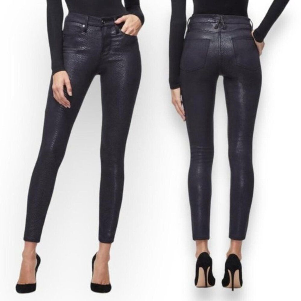 Good American Good Legs Metallic Snake Print Skinny Jeans Black NWT Size 4/27